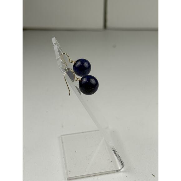 CU 14K Yellow Gold Hook Pierced Earrings Lapis Lazuli Round Drop Stone - Picture 10 of 10